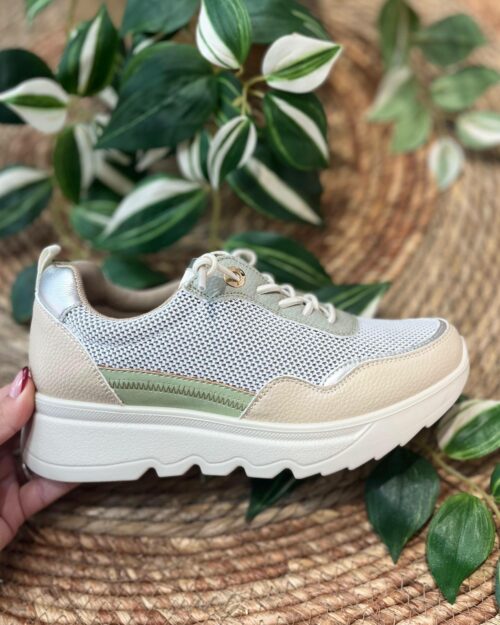 Deportiva de mujer blanca, beige y verde con cordón elástico- ELSA