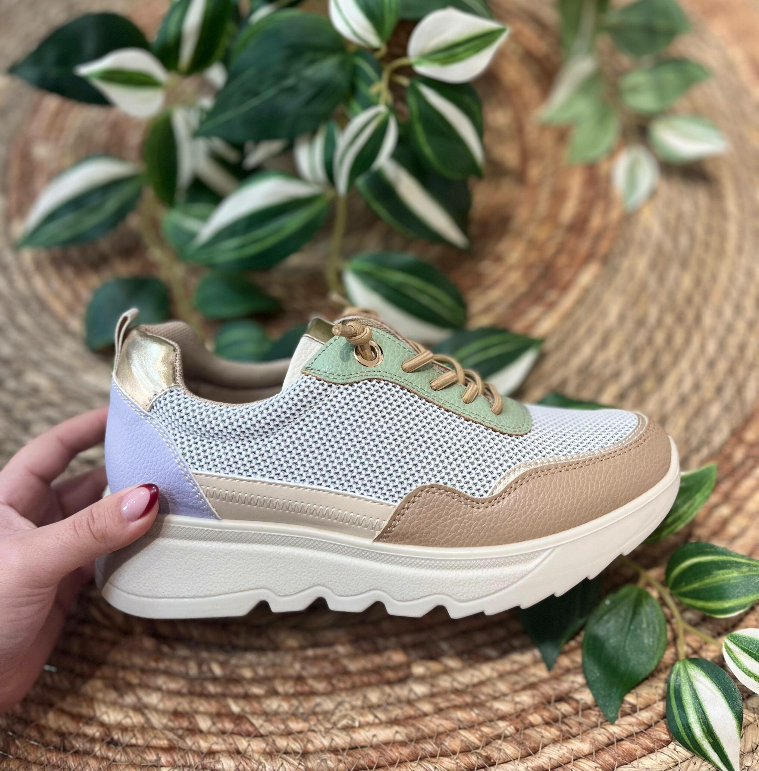 Deportiva de mujer khaki, verde y lila con cordón elástico- ELSA